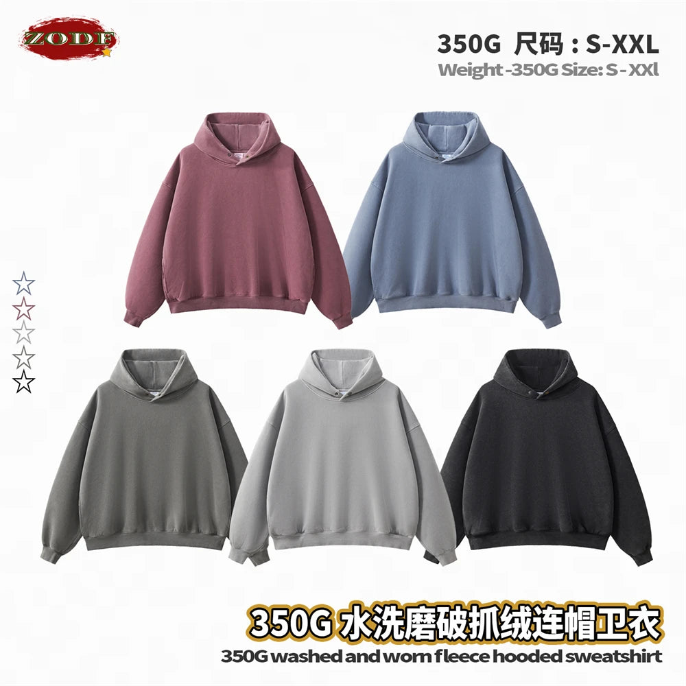 Vintage Mann gewaschen Boxy Fleece Hoodie Unisex lose zerrissene warme Knopf Winter Kapuzenpullover Markenkleidung HY0053