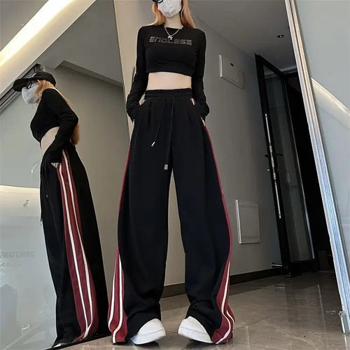 Angebot, 19,99 € ,Harajuku vielseitige Frauen gestreifte Jogging hose Frühling Sommer neue koreanische hohe Taille übergroße Mode Sport Jogger Freizeit hose
