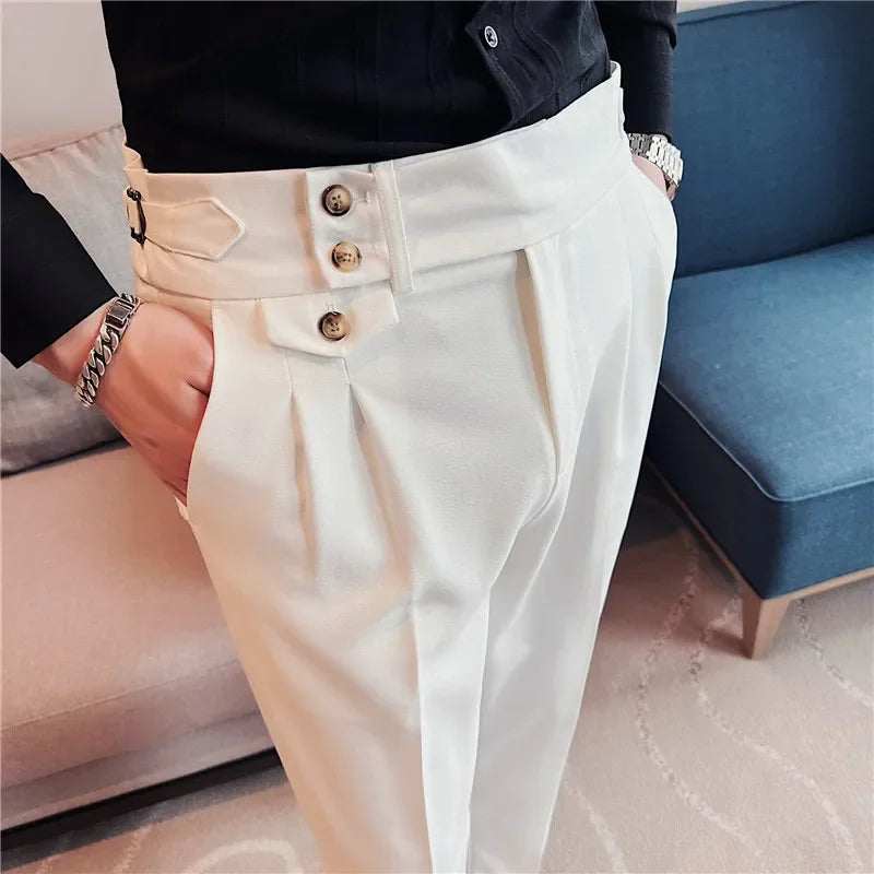 2026 Frühling Herbst Männer Hohe Taille Gürtel Design Beiläufige Dünne Formale Kleid Hose Männer Sozialen Büro Hochzeit Party Kleid Anzug Hosen