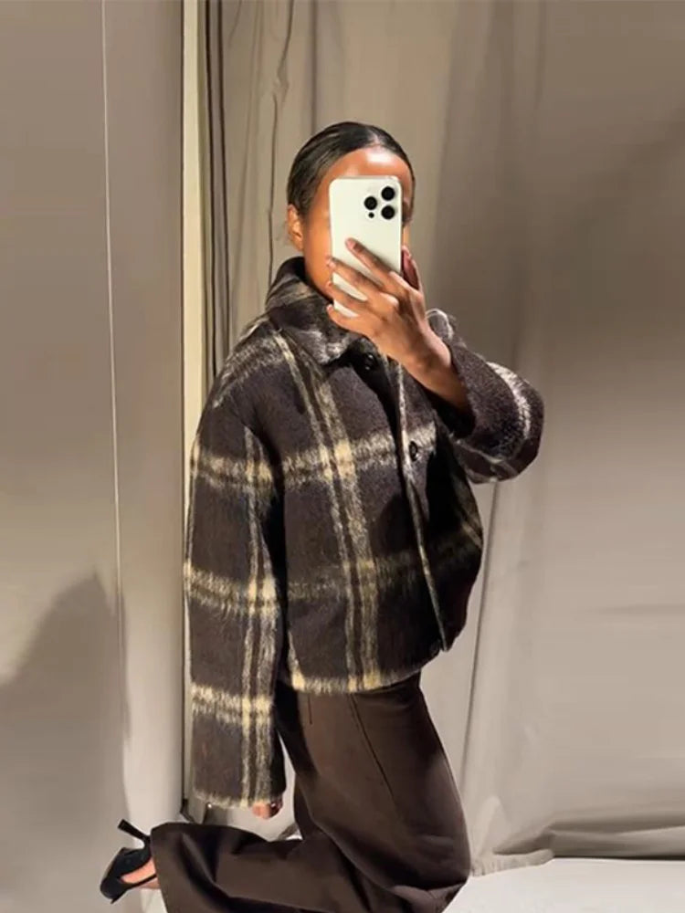Plaid Rundhals Frauen Kurze Jacke Elegante Oversize Volle Ärmel Zweireiher Mantel 2024 Neue Herbst Winter Pendeln Outcoat Top
