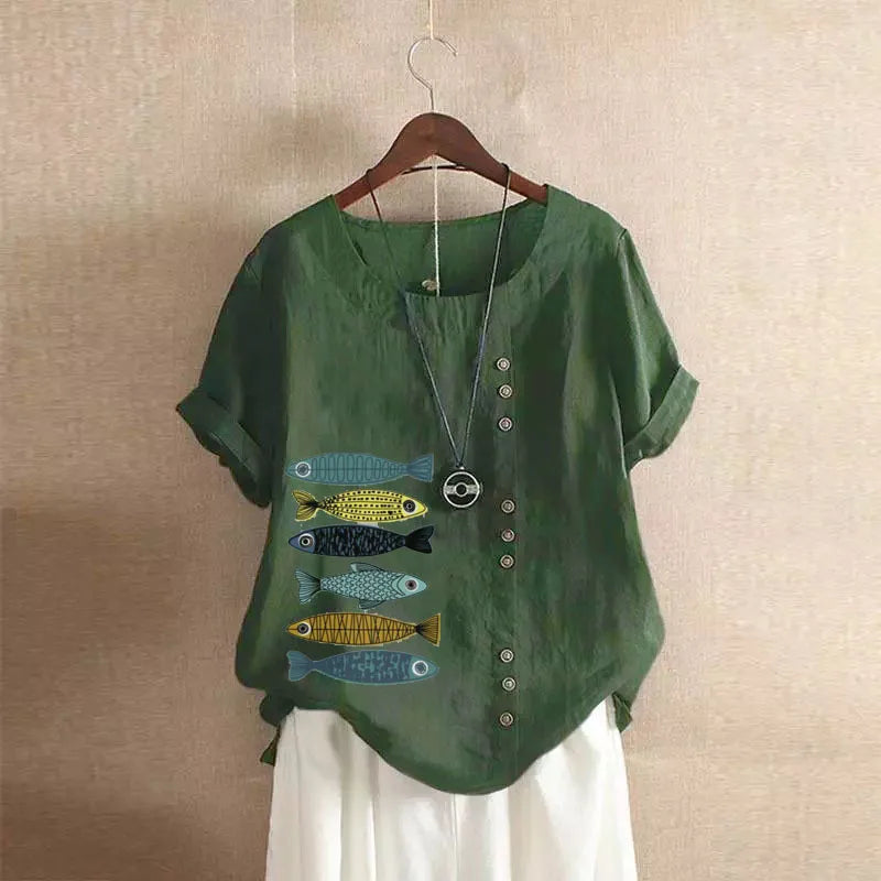Angebot Frauen Baumwolle Leinen Bluse Shirts Sommer Oansatz Kurzarm Vintage Floral Print Lose Tops WYLP-AL 620409060860