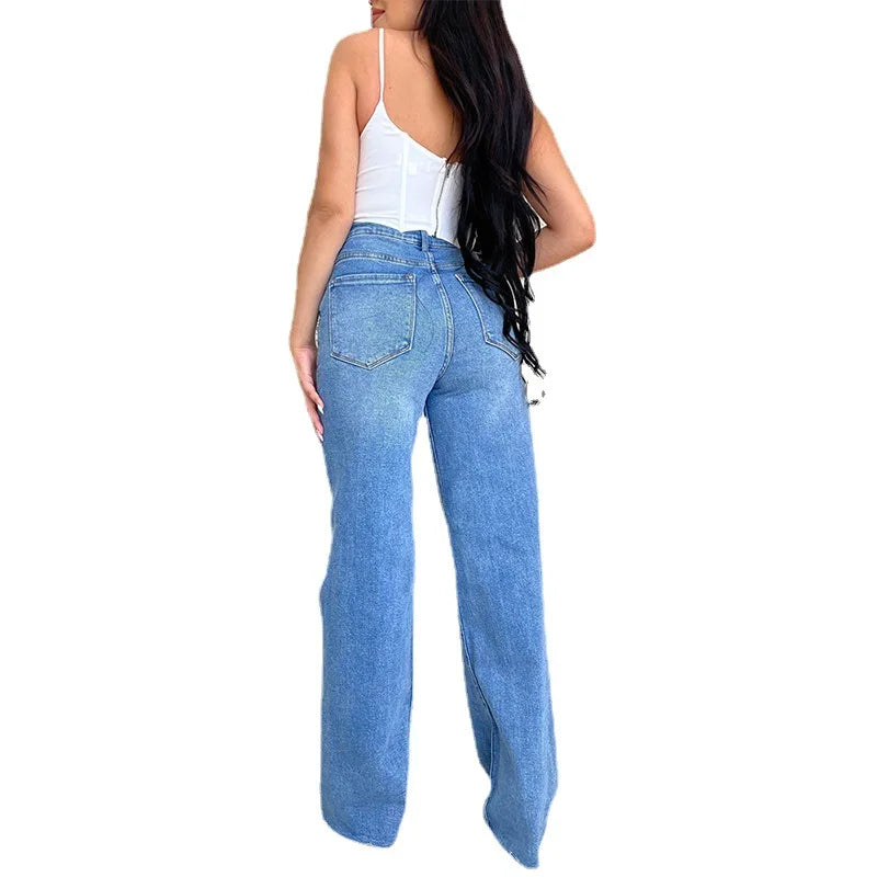 2026 Damen-Jeans mit hohem Bund, zerrissen, mit offener Kante, heiß begehrt, bequeme Wide-Leg-Hose