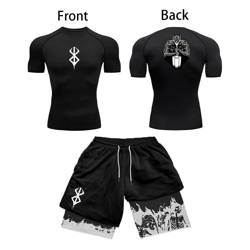 Anime 3D-gedrucktes Herren-Kompressionsset, kurzärmeliges Gym-Top + Workout-Shorts, schnell trocknend, atmungsaktiv, Leichtathletik-Rashguard-Set