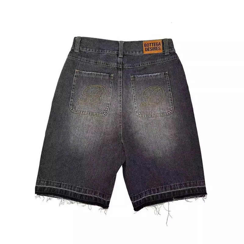 Retro Denim Shorts mit Brief Stickerei Übergroße Jeans Männer Y2k Lose Beiläufige Vielseitige Shorts Frau