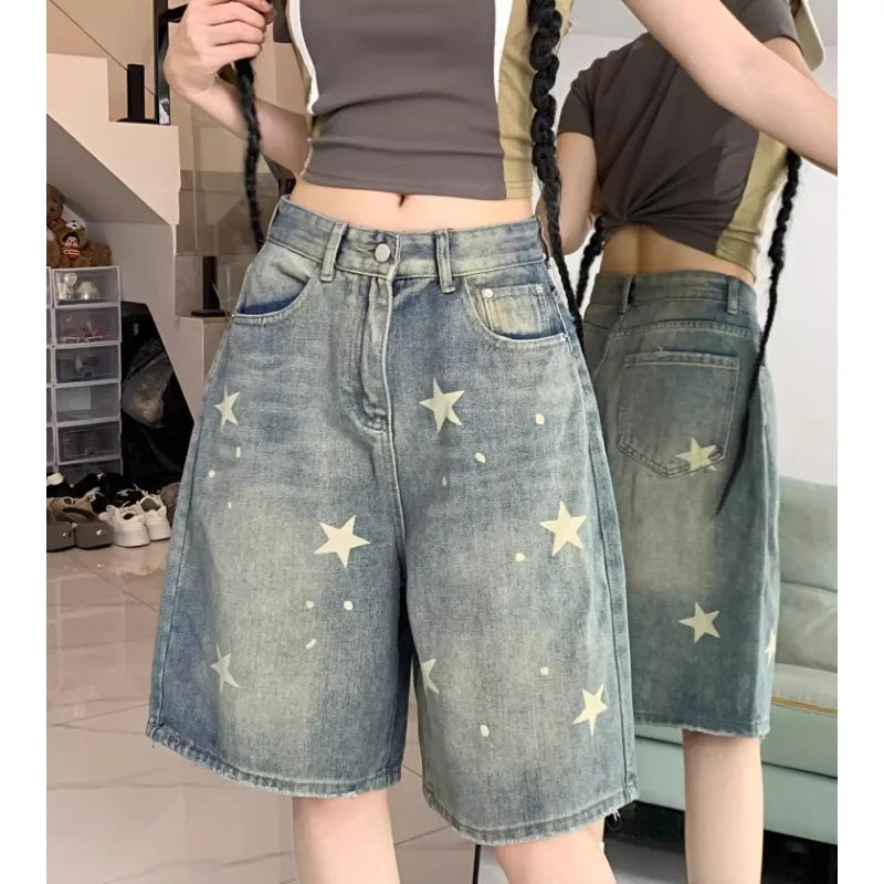 Lässige Damenjeans mit Blumendruck, lockerem, weitem Bein, New American Retro Star Design, gerades Bein, bequeme Stretch-weiche Denim-Shorts