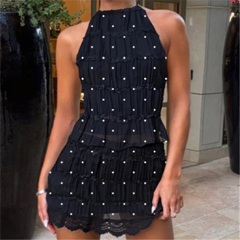 Zweiteiliges Rock-Set für Damen, Y2k-Spitze, durchsichtiges Netz, gerüschtes Neckholder-Top, gesmokter Minirock, Sommer-Strand-passende Outfits