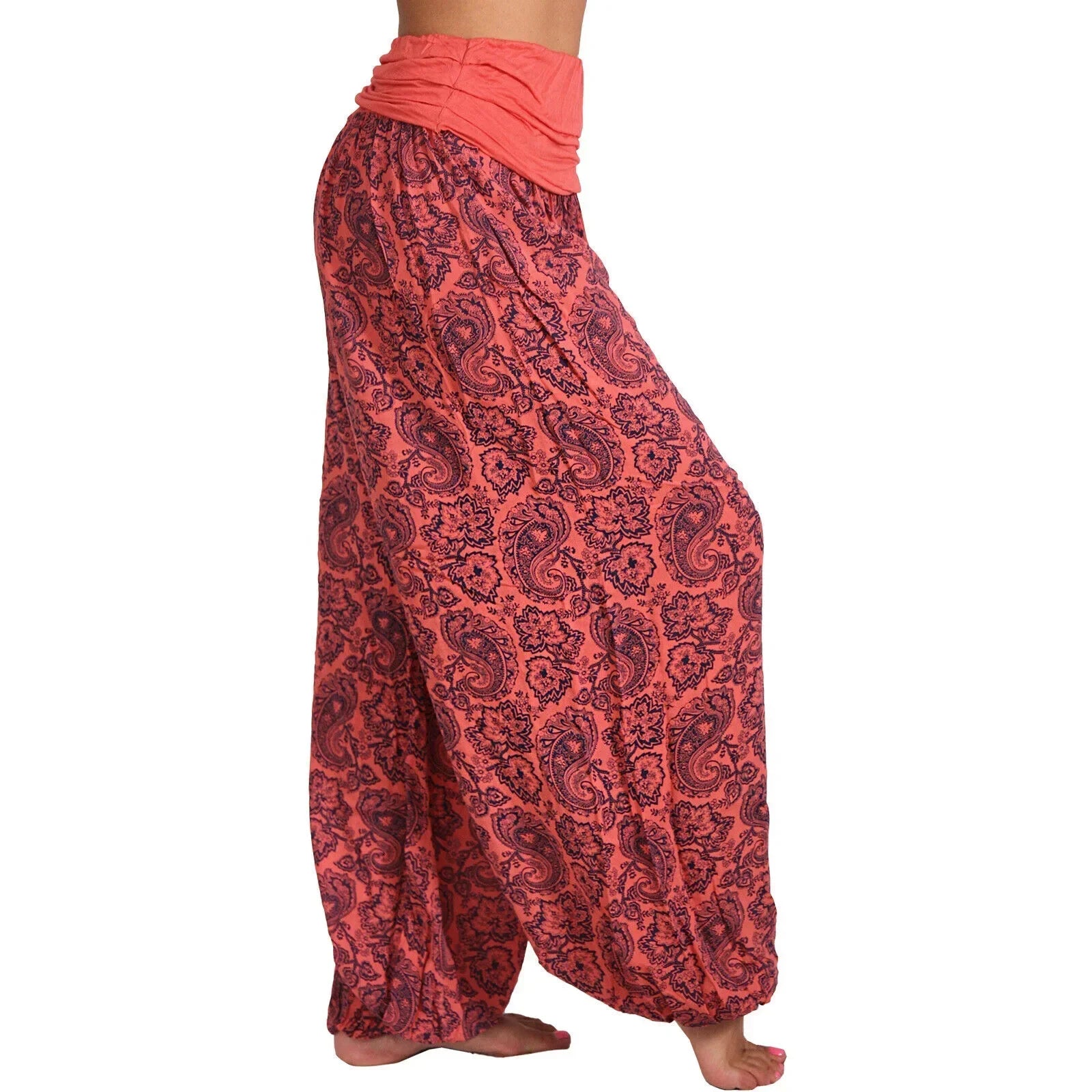 Damen Boho Haremshose – weites Bein, Vintage-Print, elastische Taille