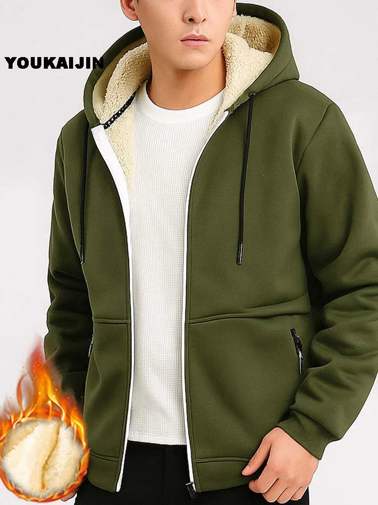 Warmer Fleece-Kapuzenpullover für Herren, Herbst und Winter, mit Sherpa gefüttert, durchgehender Reißverschluss, einfarbig, Sweatshirt-Jackenmantel