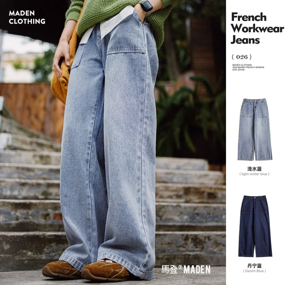 Damen-Jeans aus geradem Denim mit hoher Taille, Vintage-Stil, gewaschen, lockere Passform, Freizeithose, Hose für Herbst und Winter, mit YKK-Reißverschluss