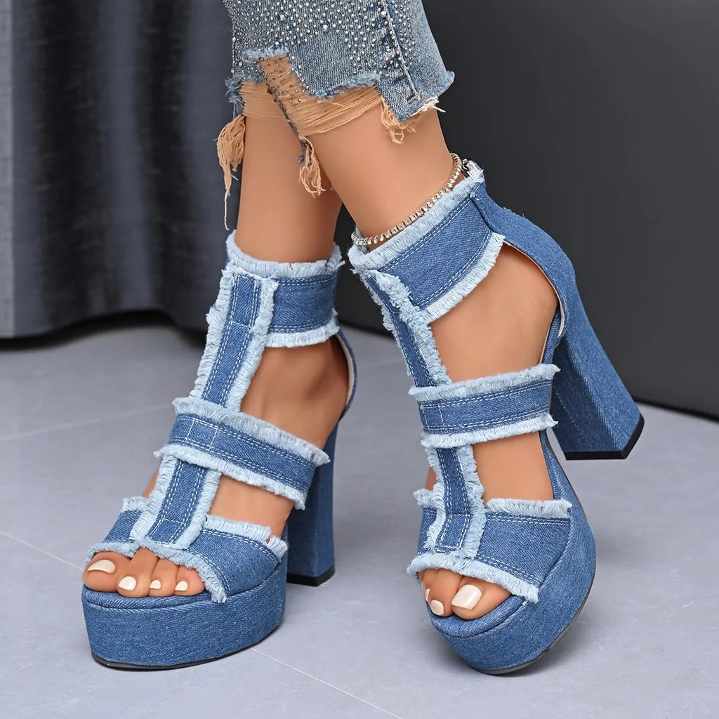 Sommer Frauen Sandalen Neue Plattform Blau Denim Ankle Strap High Heels Schuhe für Frauen Mode Im Freien Sexy Peep Toe Sandalen Frauen