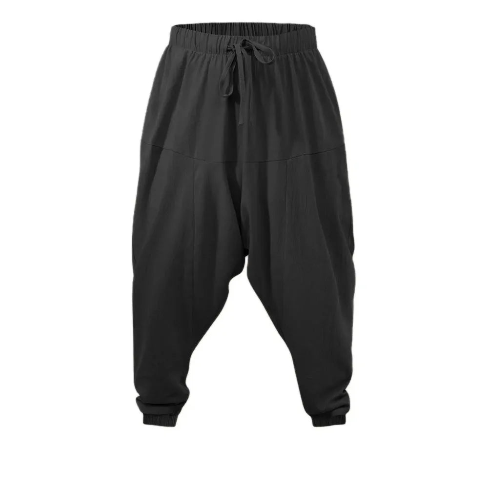 Haremshose für Herren, Baumwolle, Leinen, tiefer Schritt, gemütliche Streetwear, lockere Passform, atmungsaktiv, leicht, lange Hose, männliche Jogger