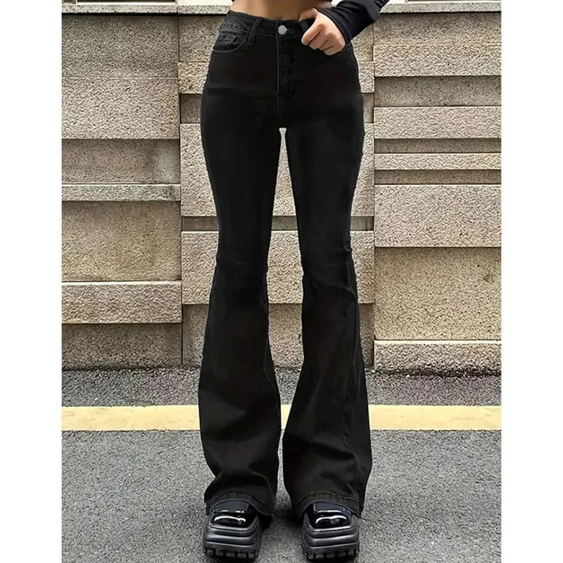 2026 Mädchen Concise Ins Hohe Taille Ausgestellte Jeans Weibliche Stretchy Bootcut Denim Hosen Frauen Einfarbig Dünne Schlaghosen