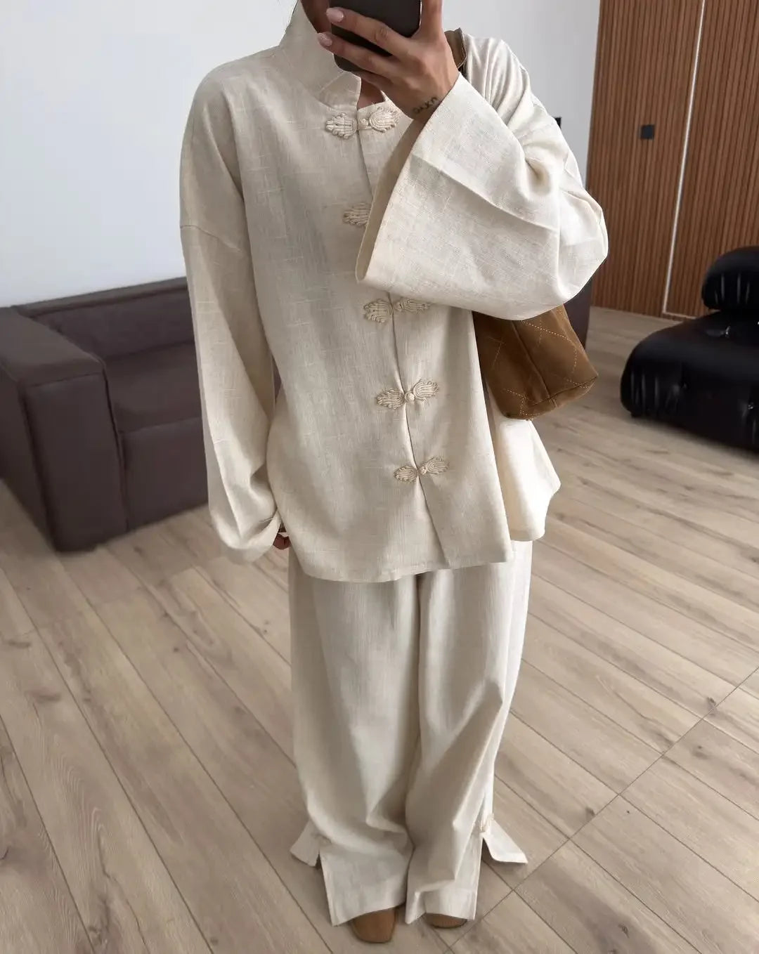 Lässiges chinesisches Hemd-Hosen-Set für Damen: Stehkragen, Langarm, Einreiher, lockere Hemden und Hosen, Streetwear-Outfit für Damen