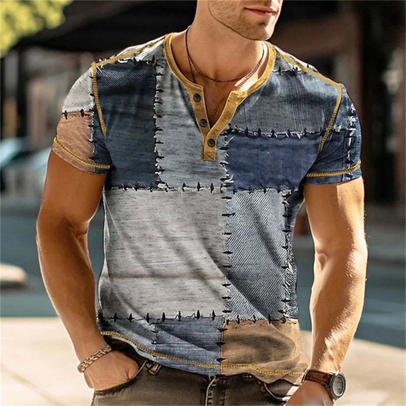 Sommer 3D Gedruckt männer Taste T Shirt Retro Patchwork Muster Kühlen Atmungsaktive Kurzarm Trendy Casual T Shirt Übergroßen top