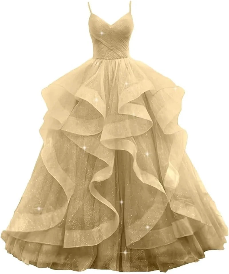 Maßgeschneiderte glitzernde Tüll-Abschlussballkleider, Spaghettiträger, Ballkleider für Frauen, bauschiges, abgestuftes, formelles Abend- und Partykleid