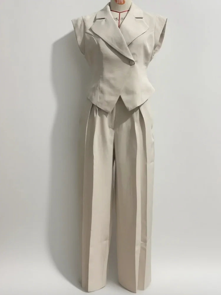 Damen Chic Top Hosenanzug Revers ärmellos V-Ausschnitt Schlankheitsoberteile Lose gerade durch Hosen 2025, neue Sommer-Pendler-Outfits