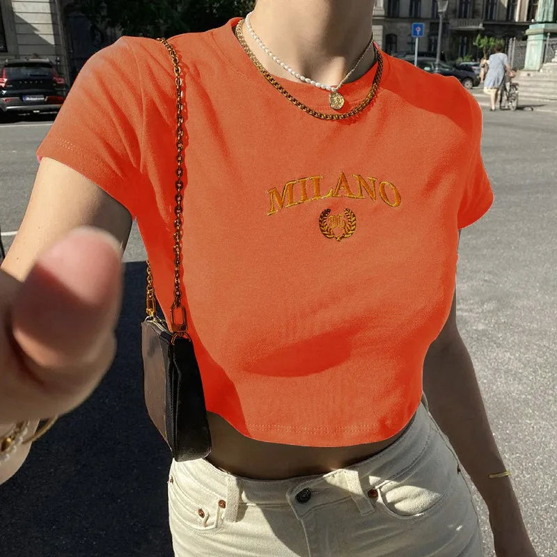 Frauen T-shirt Kleidung Kurzarm Schwarz Crop Top Harajuku Brief Stickerei T Shirt Weibliche Sommer Sexy Oansatz Cropped Tops