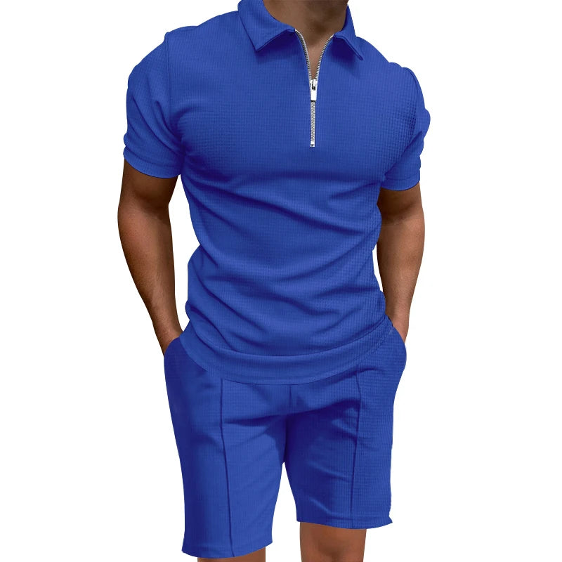 Grenzüberschreitendes  Sommer-Herren-Poloshirt-Set, einfarbig, Waffel, kurzärmelig, schmales Revers-T-Shirt, lässiges Herren-Set