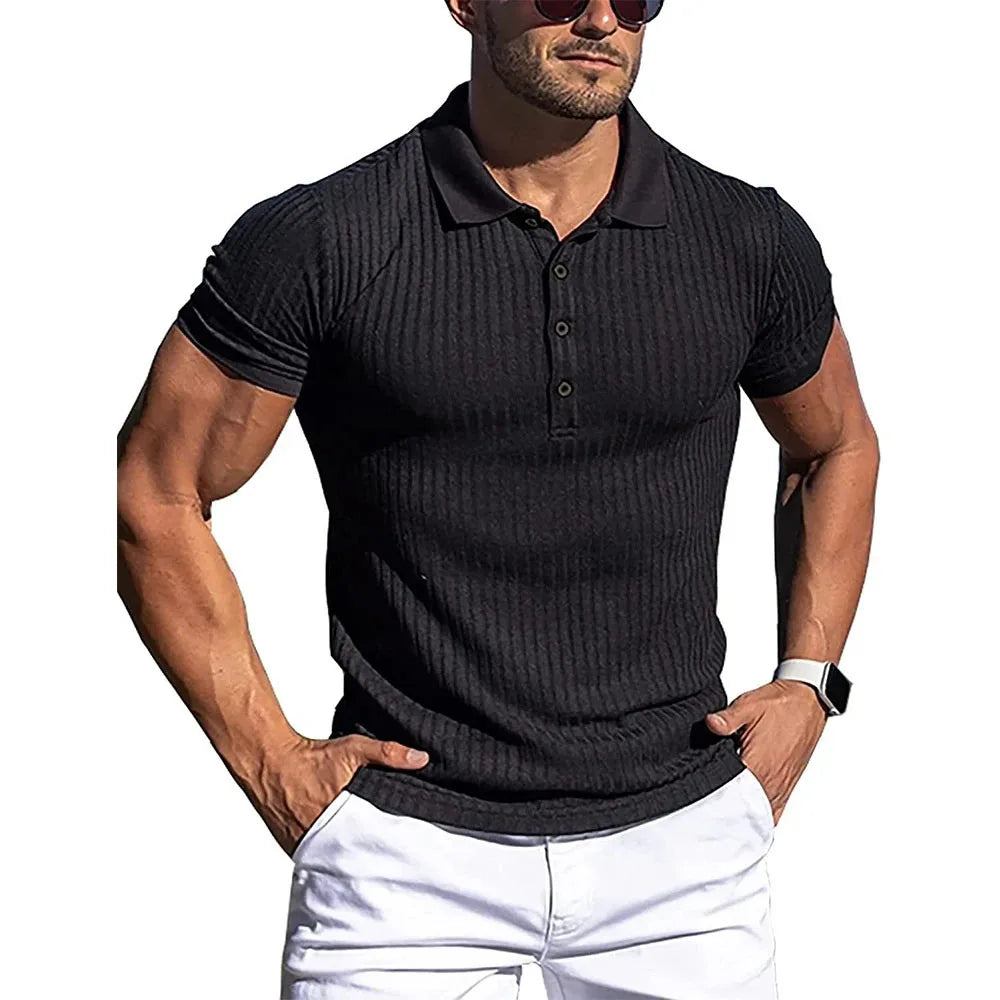 Neue Sommer Polo Männer Solide Streifen Fitness Elastizität Kurzarm Polo Shirts für Männer Mode Stehen Kragen Herren Shirts