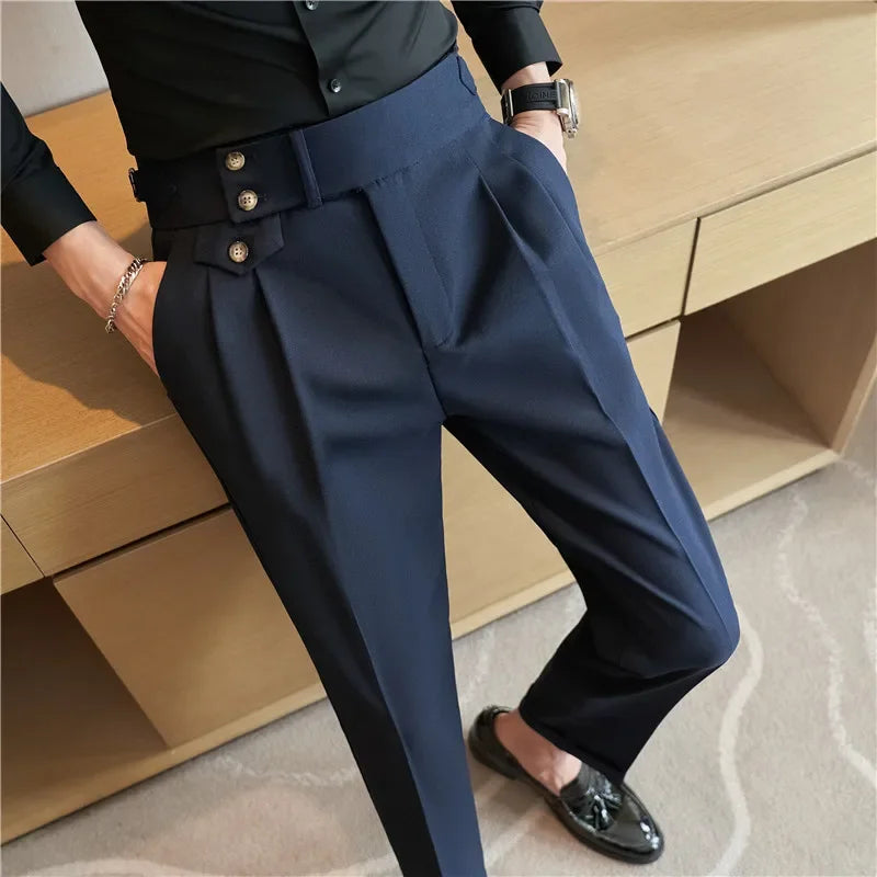 2026 Frühling Herbst Männer Hohe Taille Gürtel Design Beiläufige Dünne Formale Kleid Hose Männer Sozialen Büro Hochzeit Party Kleid Anzug Hosen