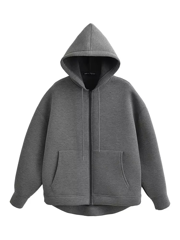 Herbst Frauen Grau Jacke Mit Kapuze Langarm Große Tasche Zipper Jacke Mantel Frau Lose Beiläufige Oberbekleidung Mantel Tops