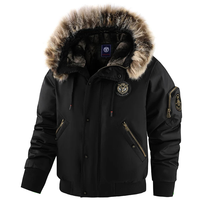 Winterjacke für Herren, abnehmbare Kapuze, langlebig, winddicht, Stoff, Stickerei, dekorative Seitentaschen, Ärmelreißverschluss