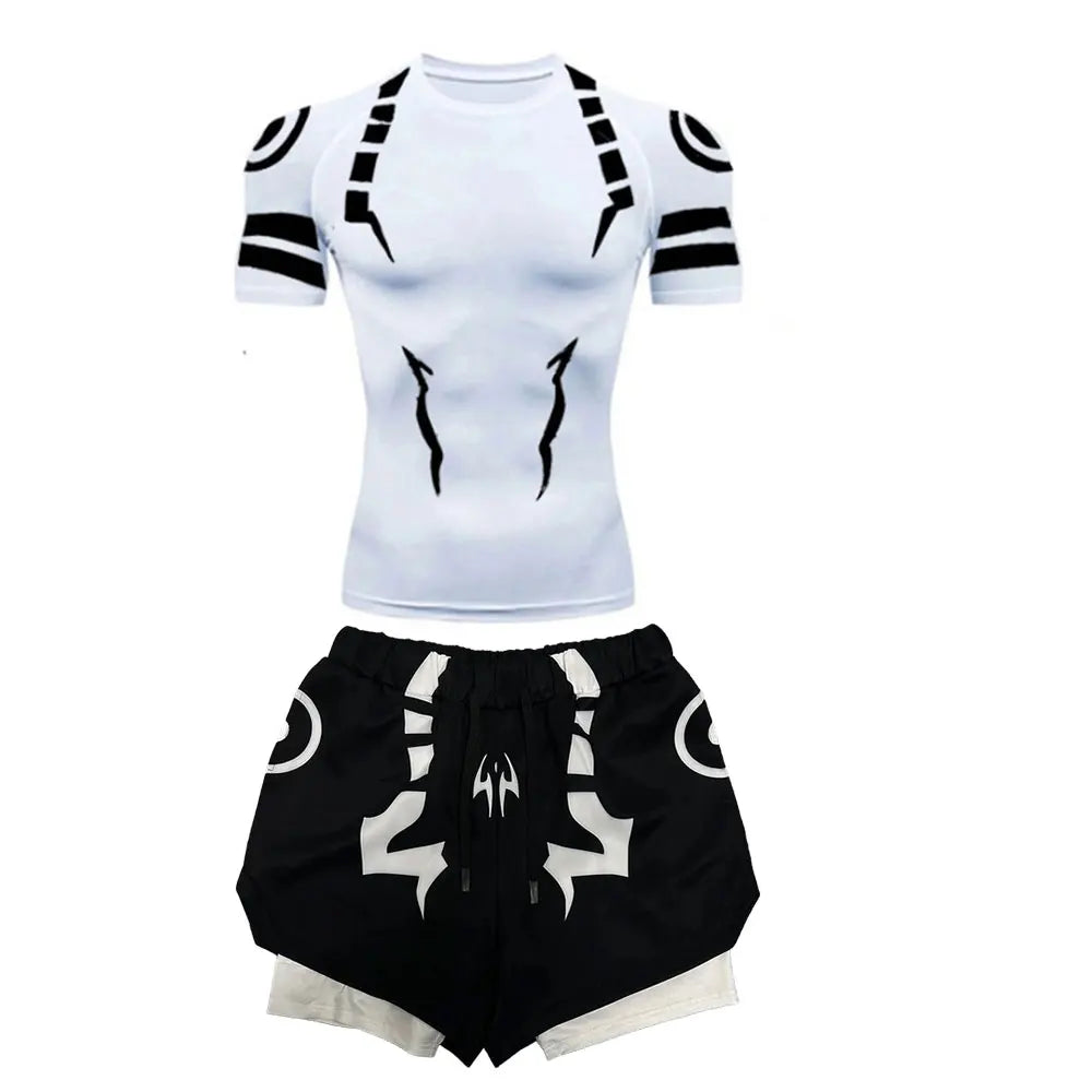 Anime Jujutsu Kaisen Kompressionsset Fitnessanzug für Herren, schnell trocknendes 3D-Kompressionsshirt + Fitnessstudio-Shorts, Lauf-Workout-Sportbekleidung