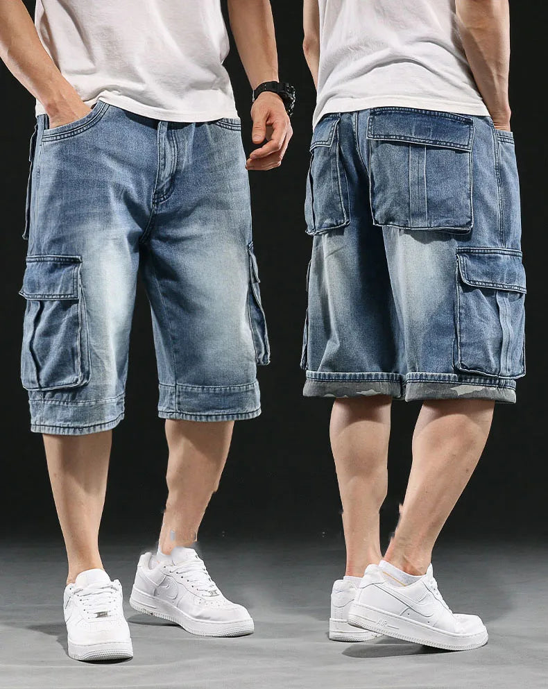 Herren Jeans shorts mit weitem Bein Multi-Pocket 7-Punkt-Arbeit Cargo Jeans Shorts Fett plus Größe Denim Shorts männlich