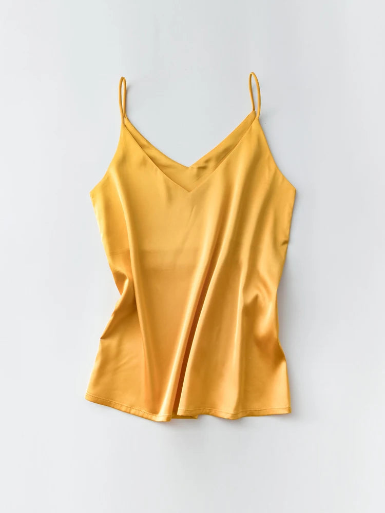 Spaghettiträger-Top für Damen, Neckholder, V-Ausschnitt, Basic, weiß, Cami, ärmellos, Satin-Seiden-Tanktops, Damen-Sommer-Unterhemd