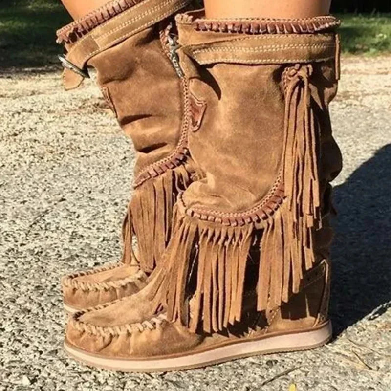 Piraten Stiefel Frau Plissee Quaste Mid-kalb Stiefel Frauen Nähen Schuhe Schnalle Leder High Heels Schuhe Weibliche Plus Größe Zip