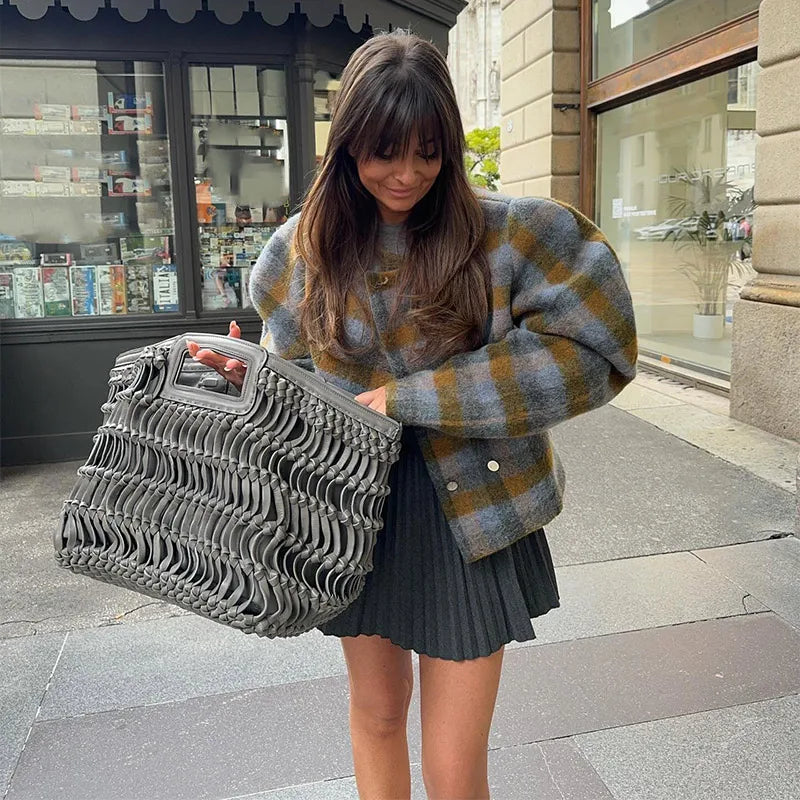 Plaid Rundhals Frauen Kurze Jacke Elegante Oversize Volle Ärmel Zweireiher Mantel 2024 Neue Herbst Winter Pendeln Outcoat Top