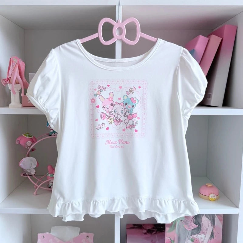 Japanische Kawaii Crop Tops Cartoon Print Harajuku Lolita Kurzarm T-shirts Frauen Y2k Ästhetische Dünne T Vintage Fee Grunge