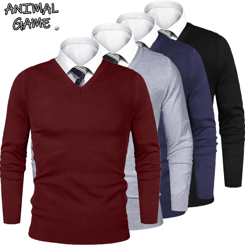 Animal Game Herren-Business-Pullover, lässiger Pullover mit V-Ausschnitt, kalte Bluse, leichter Wollstrick für den Außenbereich, luxuriöser Herrenpullover