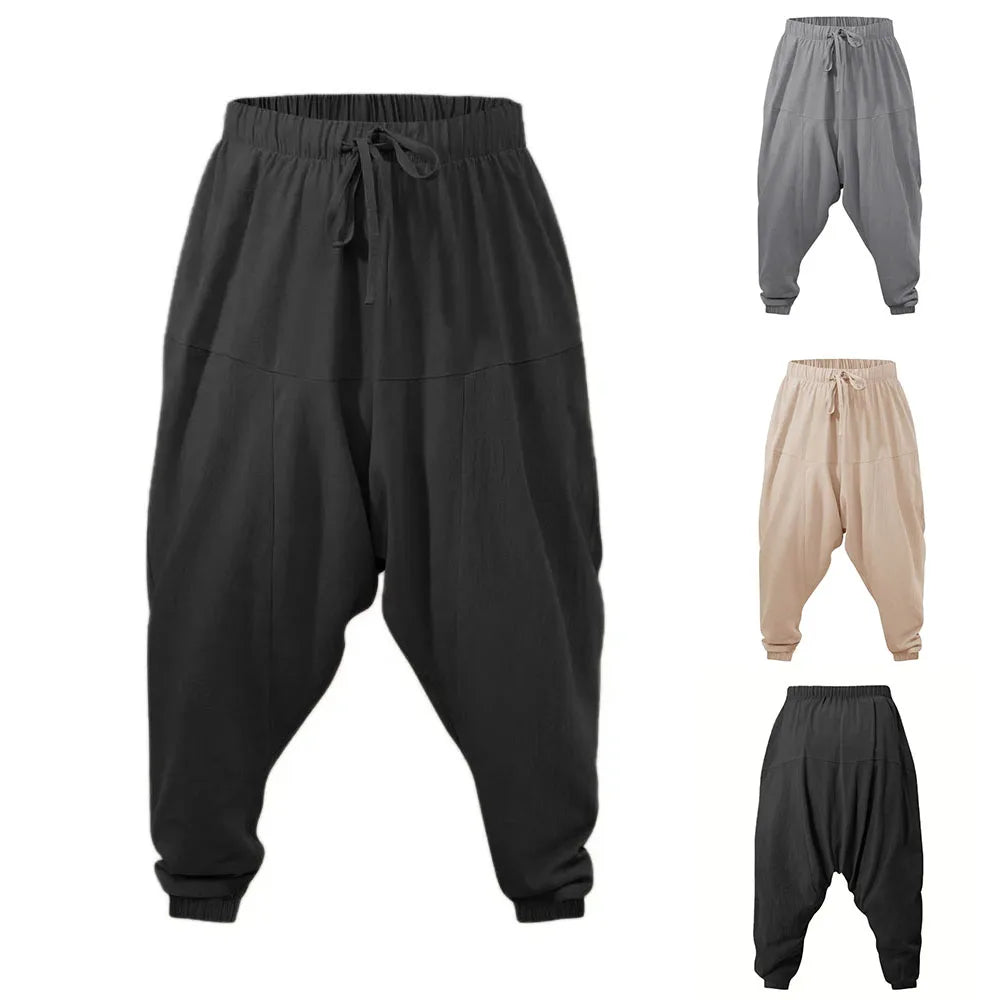 Haremshose für Herren, Baumwolle, Leinen, tiefer Schritt, gemütliche Streetwear, lockere Passform, atmungsaktiv, leicht, lange Hose, männliche Jogger