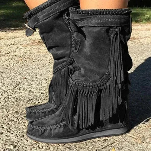 Piraten Stiefel Frau Plissee Quaste Mid-kalb Stiefel Frauen Nähen Schuhe Schnalle Leder High Heels Schuhe Weibliche Plus Größe Zip