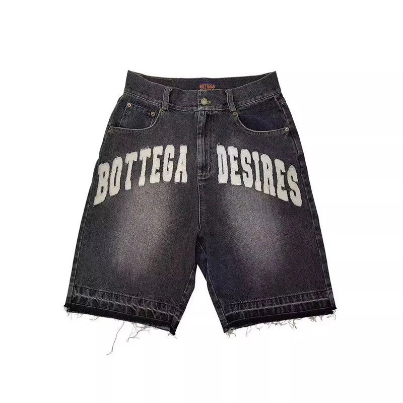 Retro Denim Shorts mit Brief Stickerei Übergroße Jeans Männer Y2k Lose Beiläufige Vielseitige Shorts Frau