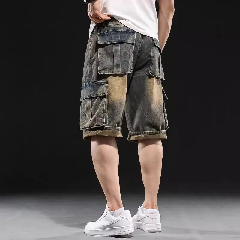 Herren Jeans shorts mit weitem Bein Multi-Pocket 7-Punkt-Arbeit Cargo Jeans Shorts Fett plus Größe Denim Shorts männlich