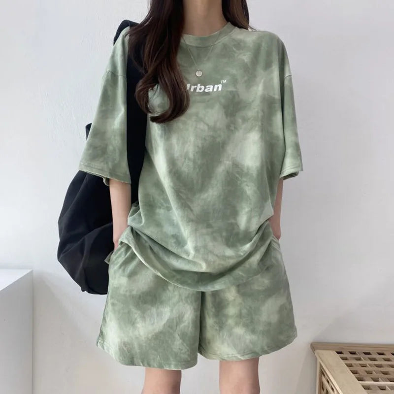 2-teiliger Anzug für Damen, T-Shirt, Shorts, Batikmuster, lockeres T-Shirt und mittlere Shorts mit weitem Bein und Taschen, weiblich, lässig, weich, Sommer-Sets