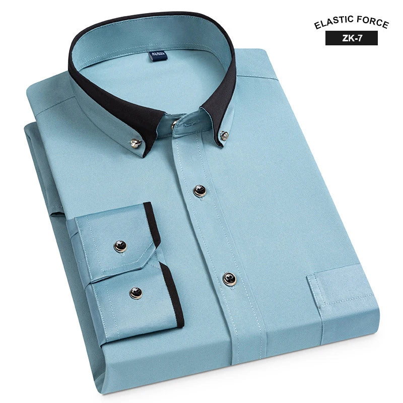 Neue Mode Frühjahr Elastische Nicht-eisen Langarm-shirt Männer der Jugend Kristall Taste Patchwork Kragen Nicht Baumwolle Business hemd Männer