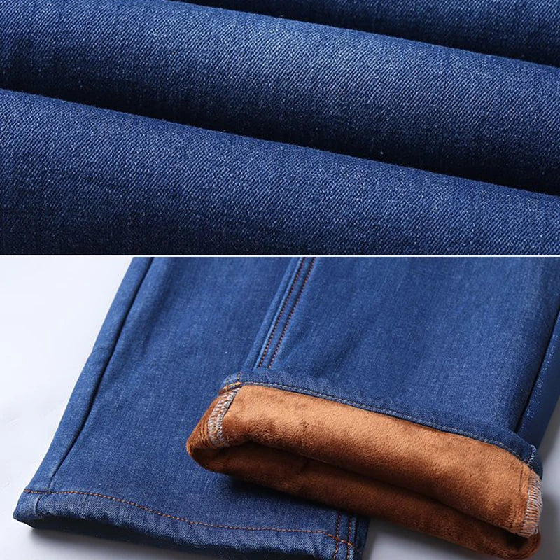 Männer Neue Mode Winter Warme Jeans Männlichen Fleece Gefüttert Verdickte Denim Hosen Lose Gerade Bequeme Casual Schwarz Blau Hosen