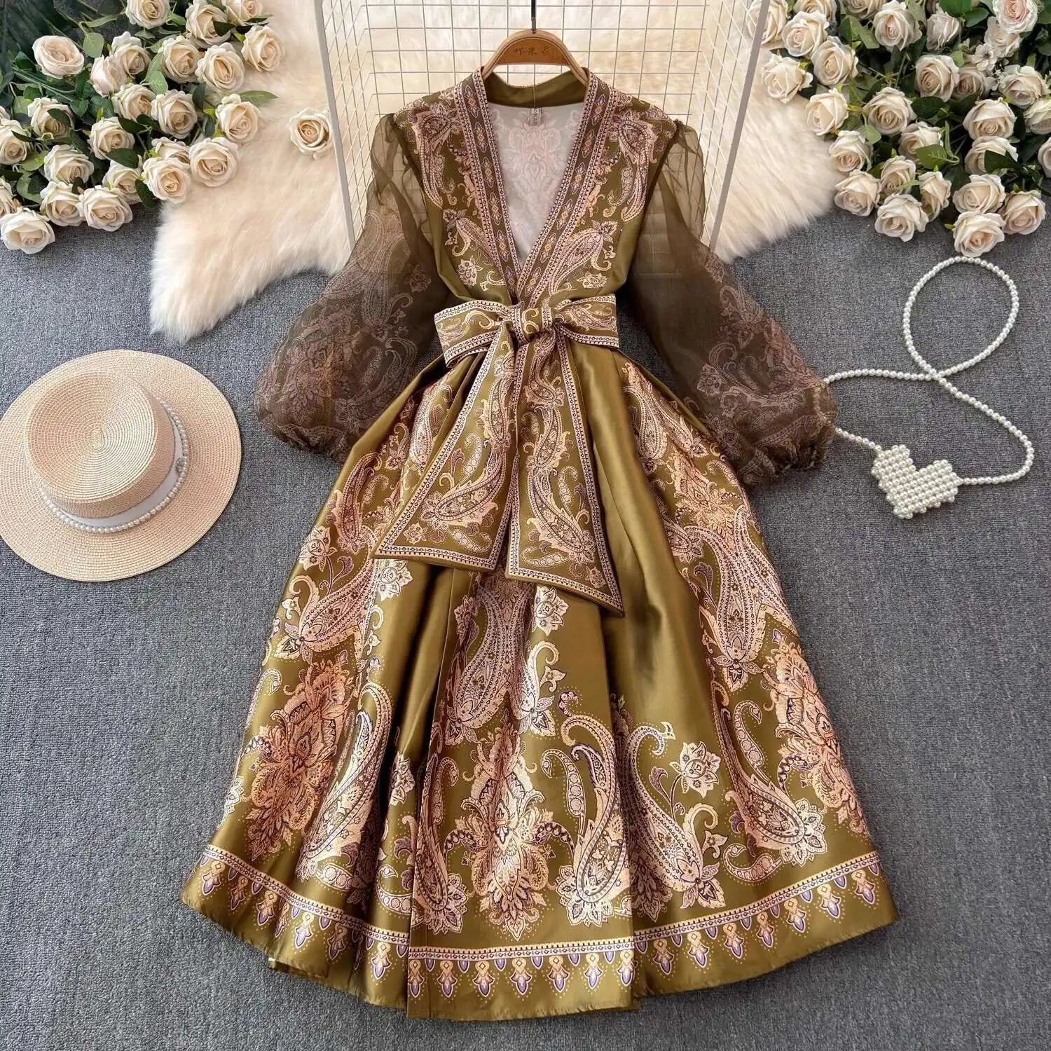 Jamerary Sommer Bohemian Blumen Midi Kleider Frauen kurze Puff Ärmel Kreuz V-Ausschnitt Blumen druck Bandage Schnür Robe lange Vestido