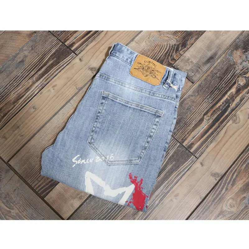 Designer-Mode,Herren-Jeans, mit Buchstaben bedruckt, gewaschen, nostalgisch, Stretch, schmale Passform, Retro, hellblaue Jeans, Hip-Hop-Marke, hohe Qualität