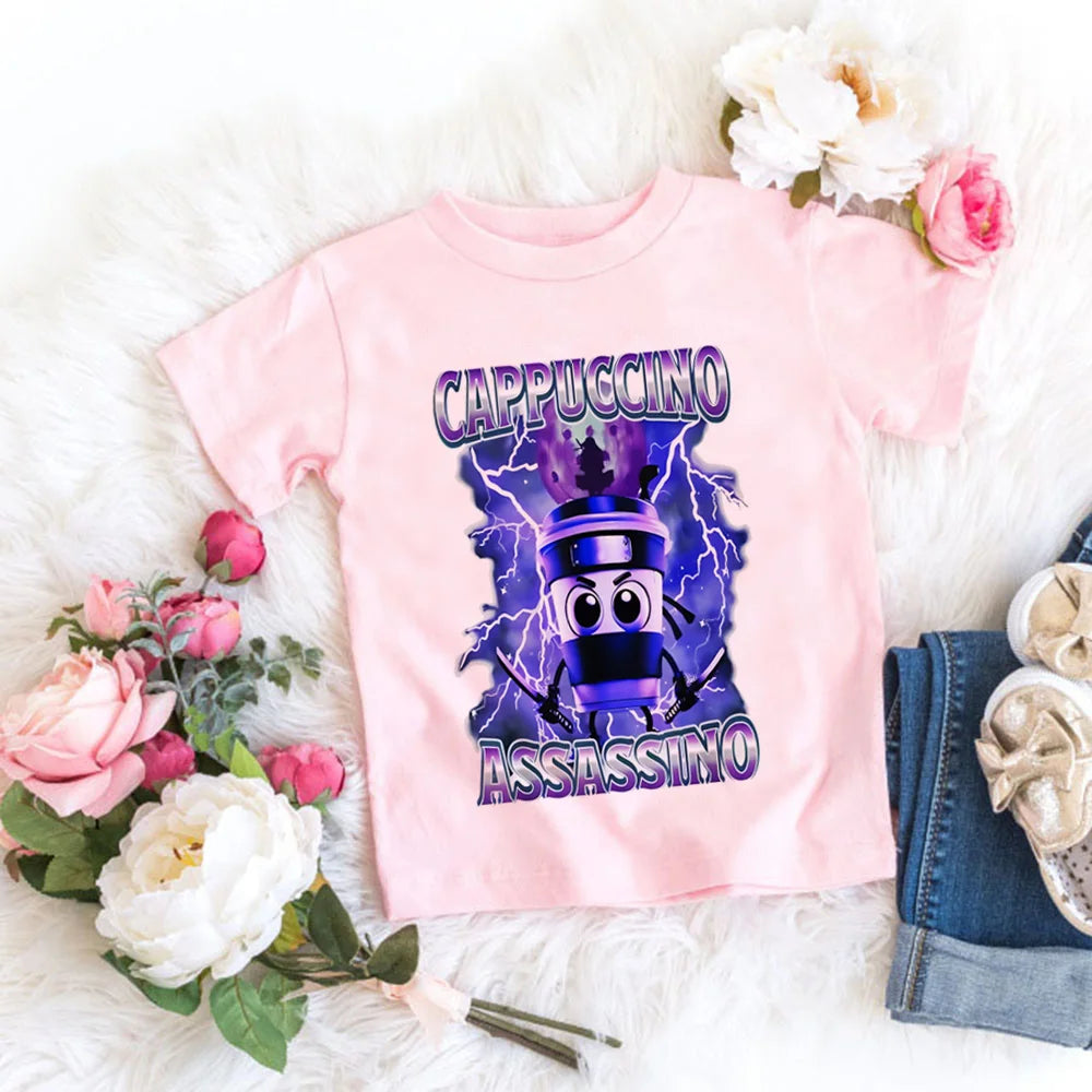 Italienische Brainrot Tiere Kinder Tung Tung Sahur Kurzarm Tops für Kinder Lustige Meme T-Shirt Sommerkleidung