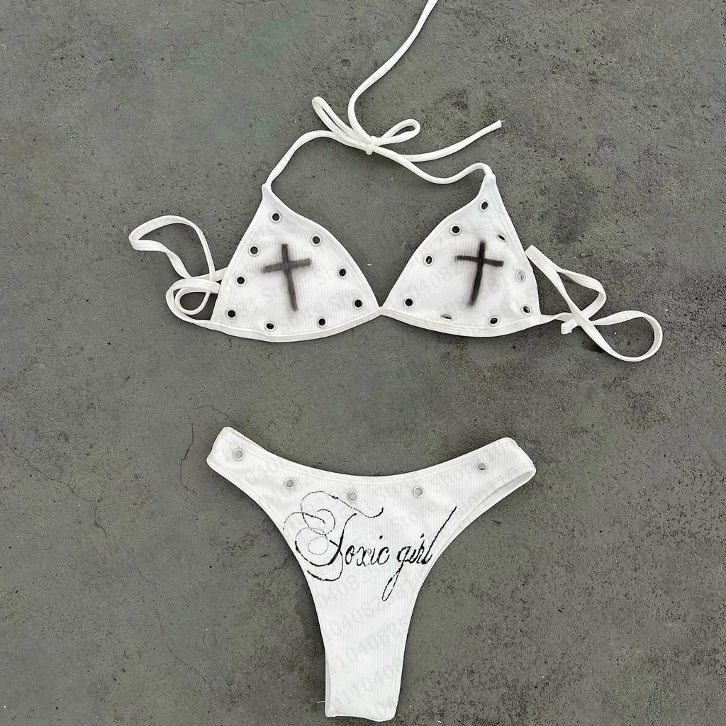 Modischer, mit Buchstaben bedruckter, sexy Bikini-Set für Damen, Badeanzug, Patch-Badeanzug, Hotpants-Set, Sommer, lässig, Nischenmode, Y2k-Stil