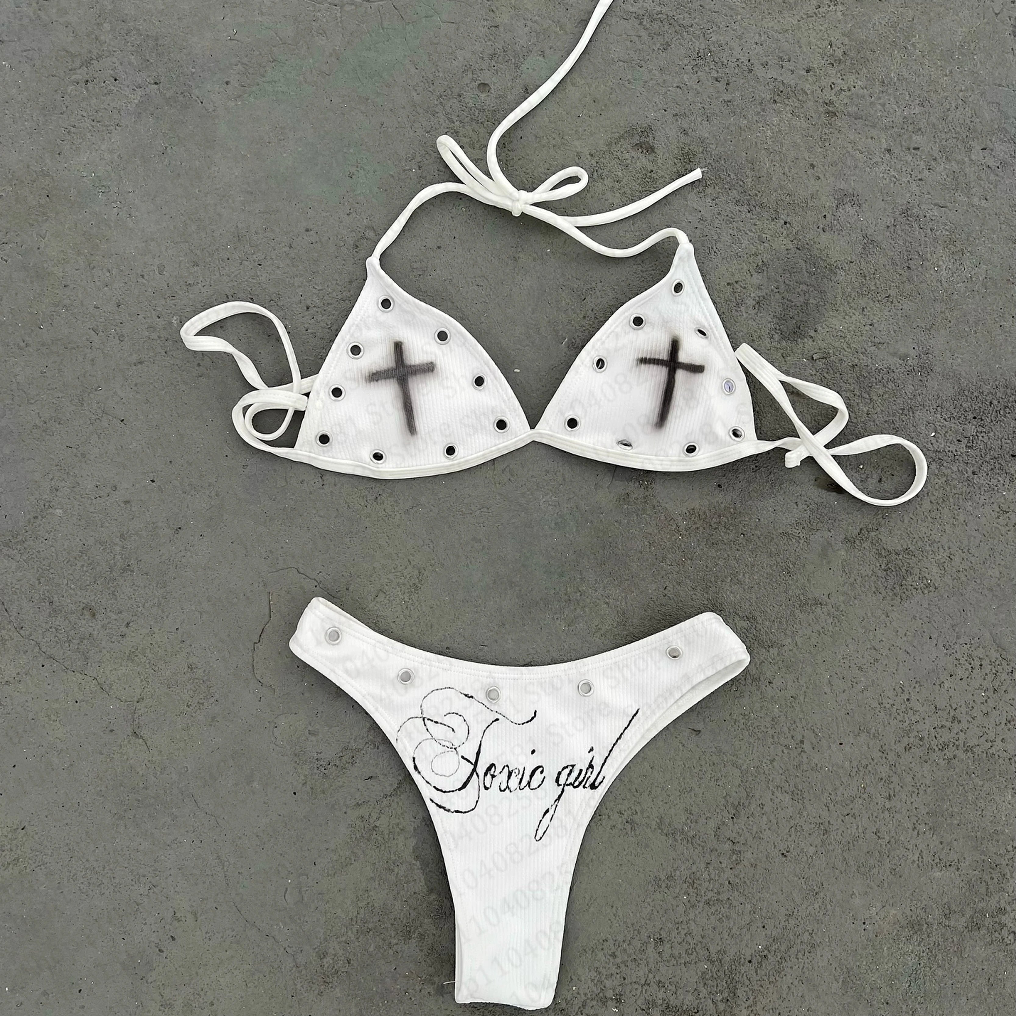 Modischer, mit Buchstaben bedruckter, sexy Bikini-Set für Damen, Badeanzug, Patch-Badeanzug, Hotpants-Set, Sommer, lässig, Nischenmode, Y2k-Stil