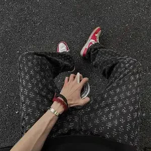 Herren-Sommer-Jacquard-Allover-bedruckte amerikanische Jeans, dünne Slim-Fit-Bootcut-Hose mit geradem Bein