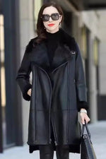 Damen Lederjacke mit Pelzfutter – langer Wintermantel, warm & modisch