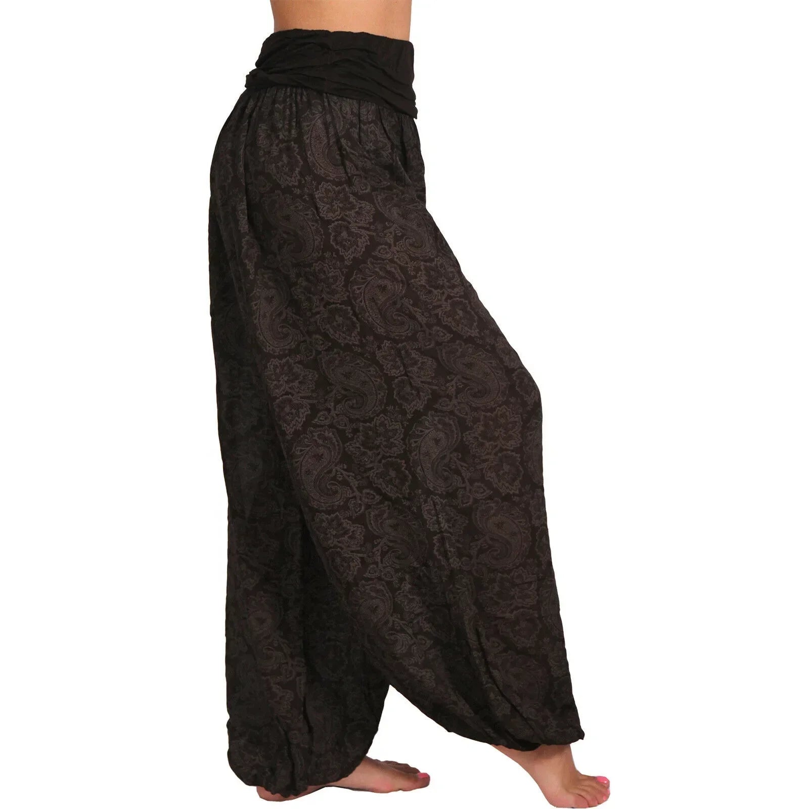 Damen Boho Haremshose – weites Bein, Vintage-Print, elastische Taille