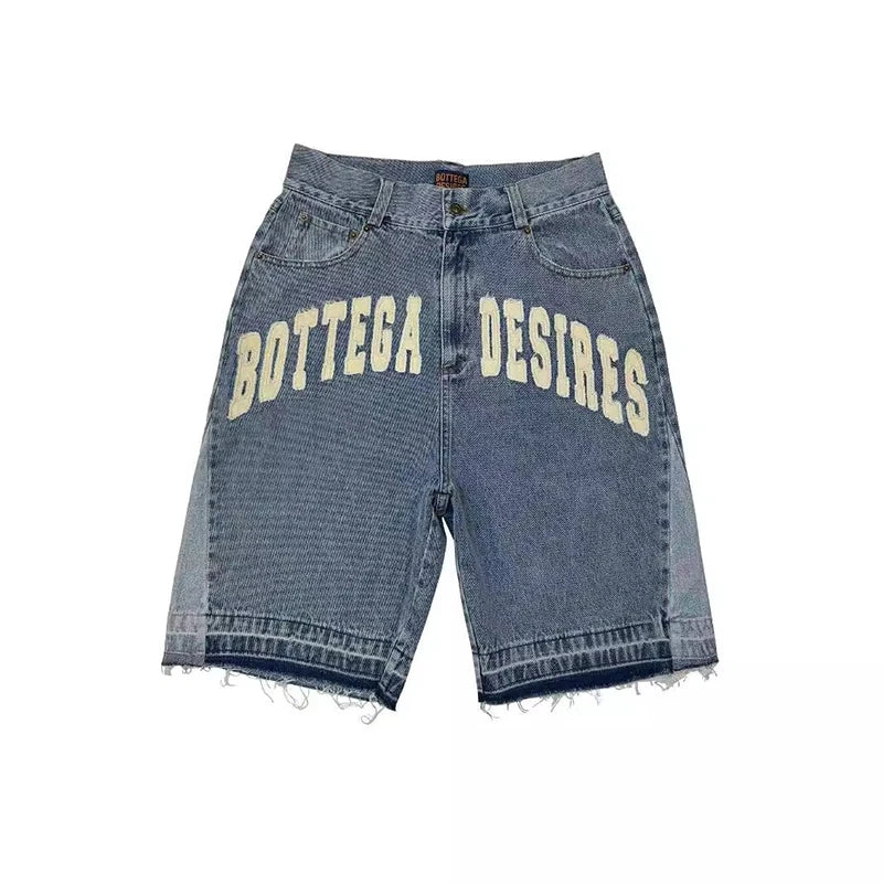 Retro Denim Shorts mit Brief Stickerei Übergroße Jeans Männer Y2k Lose Beiläufige Vielseitige Shorts Frau