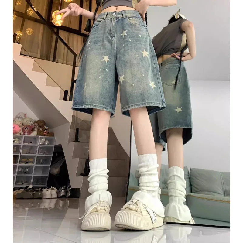 Lässige Damenjeans mit Blumendruck, lockerem, weitem Bein, New American Retro Star Design, gerades Bein, bequeme Stretch-weiche Denim-Shorts